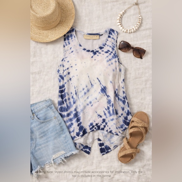 Language Tops - Language Silk Tie Dye Tank Top Blue White Tunic Sleeveless Made in USA M